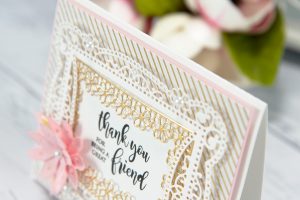 Thank You For Being A Great Friend Card by Yana Smakula for Spellbinders | Chantilly Paper Lace Inspiration. Dies used: S4-819 Lilly Pearl Flat Hold Flower/Border; S4-820 Vintage Pierced Banners; S5-328 Talullah Frill Layering Frame Small