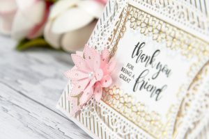 Thank You For Being A Great Friend Card by Yana Smakula for Spellbinders | Chantilly Paper Lace Inspiration. Dies used: S4-819 Lilly Pearl Flat Hold Flower/Border; S4-820 Vintage Pierced Banners; S5-328 Talullah Frill Layering Frame Small