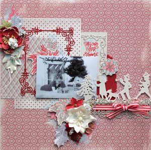 Christmas Present Scrapbook Layout with Elena Olinevich for Spellbinders using S4-768 Swirls Strip, S4-823 Presents, S5-307 A2 Swirls Frame dies and SDS-095 Mandalas, SDS-097 Light Shine stamp and die sets by Stephanie Low. #spellbinders #scrapbooking #layout #christmaslayout