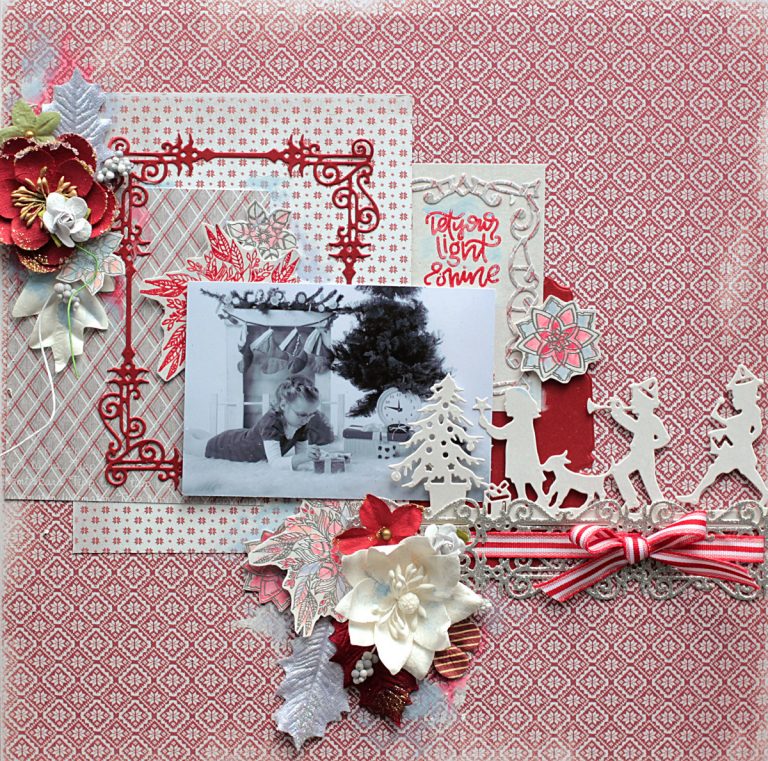 Christmas Presents Scrapbook Layout with Elena Olinevich for Spellbinders using S4-768 Swirls Strip, S4-823 Presents, S5-307 A2 Swirls Frame dies and SDS-095 Mandalas, SDS-097 Light Shine stamp and die sets by Stephanie Low. #spellbinders #scrapbooking #layout #christmaslayout 