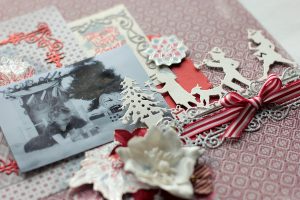 Christmas Present Scrapbook Layout with Elena Olinevich for Spellbinders using S4-768 Swirls Strip, S4-823 Presents, S5-307 A2 Swirls Frame dies and SDS-095 Mandalas, SDS-097 Light Shine stamp and die sets by Stephanie Low. #spellbinders #scrapbooking #layout #christmaslayout