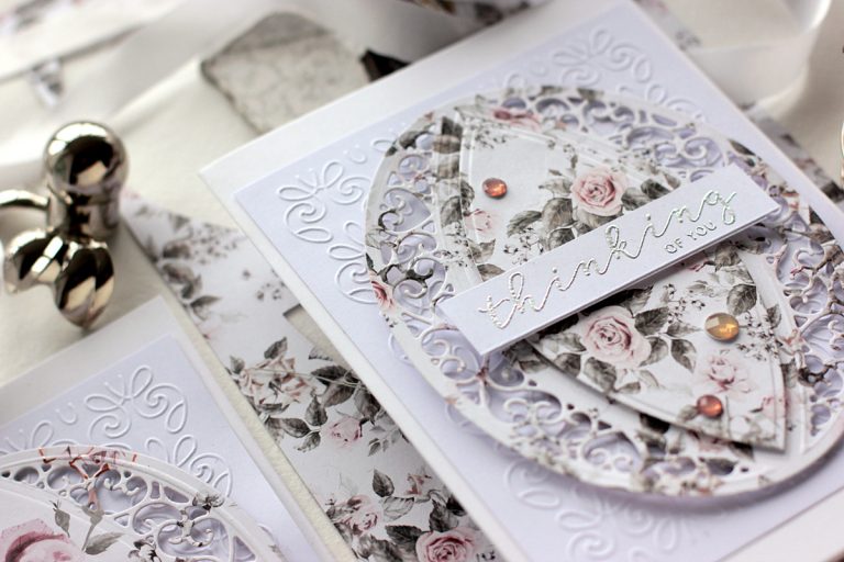 Handmade Rose Cards by Elena Olinevich for Spellbinders. Using SES–012 Wedding Ring,SES–013 Flourish,S5-211 Romantic Rectangles Two dies as well as S5–330 Lunette Arched Borders and S6-129 Bella Rose Lattice Set set by Becca Feeken. #spellbinders #diecutting #cardmaking #handmadecard