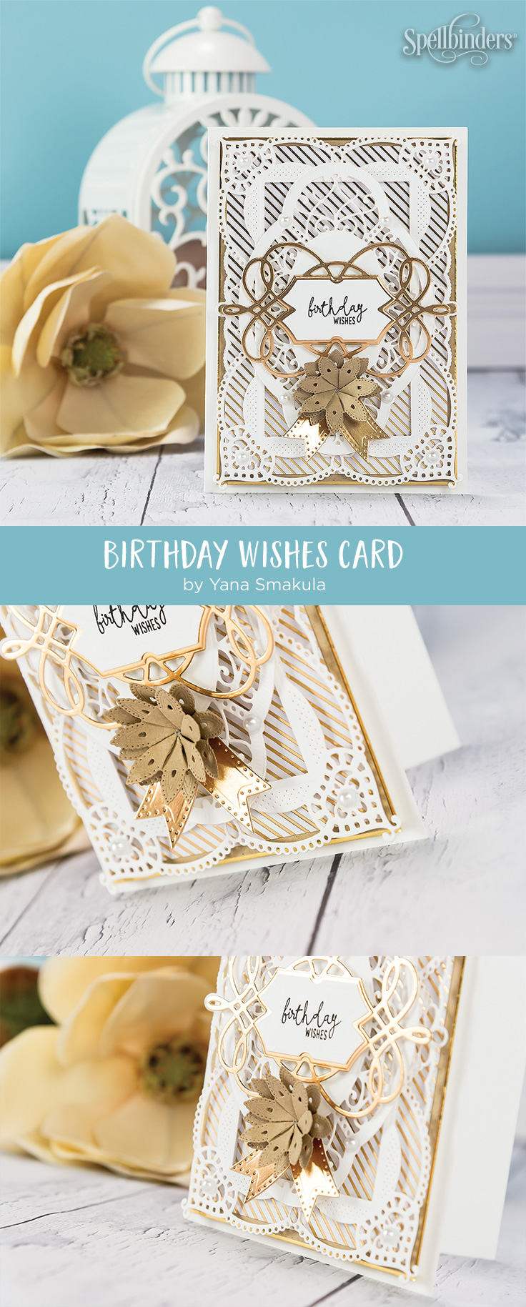 Cardmaking Inspiration | Birthday Wishes Card created by Yana Smakula for Spellbinders. Using S4-819 LILLY PEARL FLAT FOLD FLOWER/BORDER, S4-820 Vintage Pierced Banners, S5-329 HANNAH ELISE LAYERING FRAME SMALL, S6-130 CORALENE'S CHEMISE LAYERING FRAME LARGE dies by Becca Feeken #diecutting #spellbinders #cardmaking