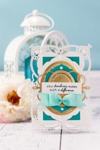 Spellbinders Shaped Cards Video Series. Episode #3 – Your Kindness Makes Such A Difference card by Yana Smakula. Using: S4-820 Vintage Pierced Banners, S4-817 Breanna’s Corset Label, S5-332 Hemstitch Ovals, S6-130 Coralene’s Chemise Layering Frame Large dies designed by Becca Feeken. #spellbinders #diecutting #cardmaking #handmade