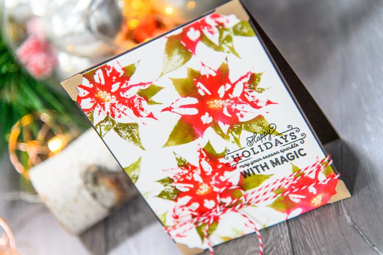 Faux Watercolor Stamping with Poinsettia Holiday 3D Shading Stamp. Video tutorial. Happy Holidays Card by Yana Smakula for Spellbinders #spellbinders #stamping #christmascard #fauxwatercolor