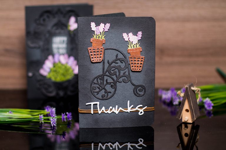 Lavender & Poppies Inspiration with Elena. Take 2: Purple and Black! Handmade cards using S3-290 Lavender Bunch S4-563 Phrase Set One  S4-838 Lavender Trike S5-321 Eau De Lavender Label. #spellbinders #handmadecard #diecutting #neverstopmaking #lavendercard