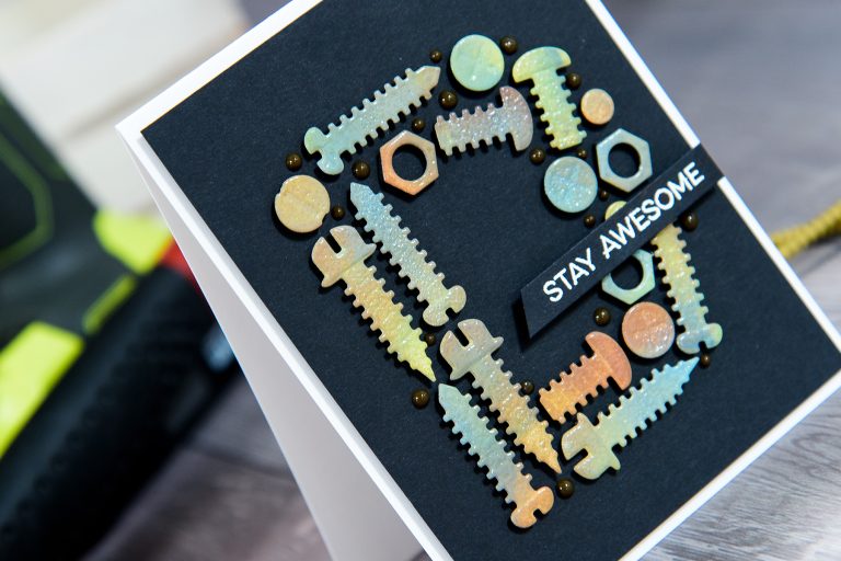 Cardmaking Inspiration | Masculine Stay Awesome Card by Yana Smakula for Spellbinders using S2-288 Bolts & Nuts. #spellbinders #guycard #cardmaking #diecutting 