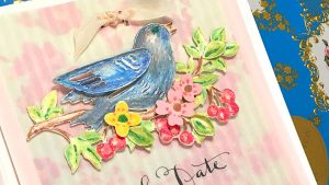 Save the Date by Sharyn Sowell for Spellbinders using S2-284 Corner Floral, S2-285 Bird on Cherry Branch, S4-846 Rose Bird Topiary, S4-850 Floral Photo Frame