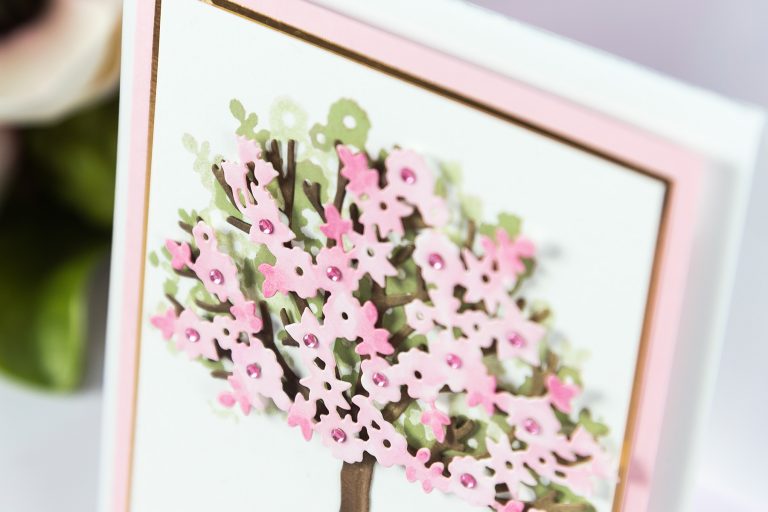 Cardmaking Inspiration | Little Pink Tree Card by Beth Reames for Spellbinders using S4-840 Four Seasons Tree, S4-841 Spring Canopy & Elements dies #cardmaking #spellbinders #diecutting #handmadecard #neverstopmaking