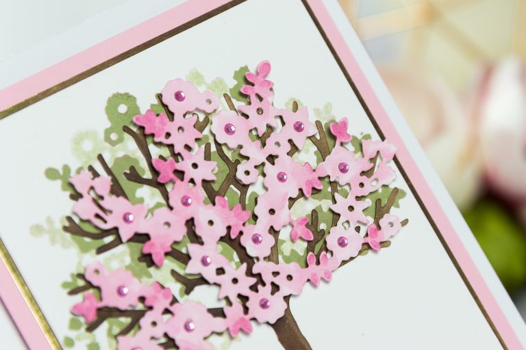 Cardmaking Inspiration | Little Pink Tree Card by Beth Reames for Spellbinders using S4-840 Four Seasons Tree, S4-841 Spring Canopy & Elements dies #cardmaking #spellbinders #diecutting #handmadecard #neverstopmaking