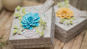 Thoughtful Expression by Marisa Job for Spellbinders - Inspiration | Decorative Boxes with Elena Salo. Using S5-336 Blessings Vine Frame,S4-831 Get Well Soon Scalloped Circle, S6-135 Thinking of You Scalloped Rectangle, S5-335 Succulent & Mum Flowers #spellbinders #neverstopmaking #diecutting #handmade