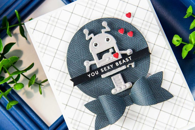 Cardmaking Inspiration | You Sexy Beast Card by Yana Smakula for Spellbinders using S3-283​ ​​Bow​ ​Ties​, S3-309​ ​Robots, S3-313​ Love​ ​Letter​, S4-114​  ​Standard​ ​Circles​ ​LG​ ​dies. #spellbinders #neverstopmaking #diecutting #handmadecard #robotscard
