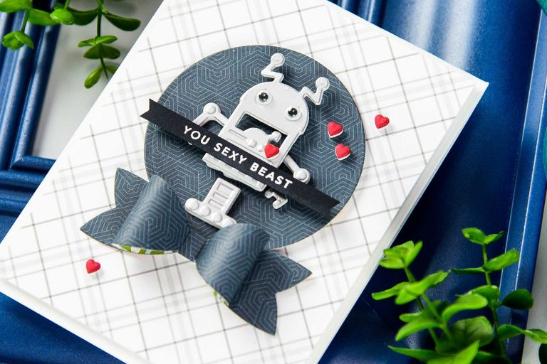Cardmaking Inspiration | You Sexy Beast Card by Yana Smakula for Spellbinders using S3-283​ ​​Bow​ ​Ties​, S3-309​ ​Robots, S3-313​ Love​ ​Letter​, S4-114​  ​Standard​ ​Circles​ ​LG​ ​dies. #spellbinders #neverstopmaking #diecutting #handmadecard #robotscard