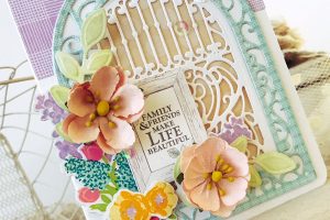 Elegant 3D Vignettes collection by Becca Feeken Inspiration | Ornamental Arch Card with Melissa Phillips using S5-340 Ornamental Arch, S4-867 Cinch and Go Flowers III dies #spellbinders #diecutting #handmadecard #neverstopmaking