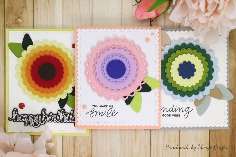 Classics March Collection Inspiration | More Simple Card Ideas with Marge for Spellbinders using: S4-902 Scored and Pierced Circles, S4-903 Fancy Edged Circles, S4-904 Scored and Pierced Rectangles, S4-905 Fancy Edged Rectangles, S4-907 Fancy Edged Ovals, S4-910 Open Scallop Edge Circles, S4-911 Fancy Scallop Edge Circles,  S5-317 Textured Flowers, SBS-085 Thinking of You, SDS-106 Sentiments 1 #cardmaking #diecutting #handmadecard #spellbinders