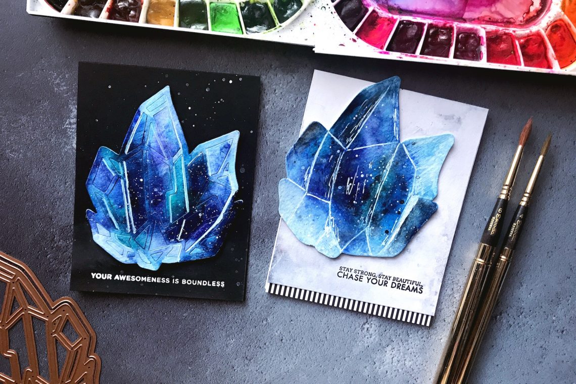 Good Vibes Only collection by Stephanie Low - Inspiration | Watercolored Crystals with Rubeena for Spellbinders using S5-352 Crystal Peaks #spellbinders #neverstopmaking #diecutting #handmadecard