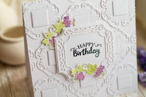 Happy Birthday Card by Elena Salo for Spellbinders using Wine Country Collection. S4-878 Frame Charms, S4-879 Labels 59, S4-880 Label 59 Decorative Accents, SDS-134 Wine Glass Bottle #spellbinders #diecutting #handmadecard #birthdaycard #neverstopmaking