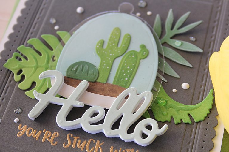 Video Friday | Inked Terrarium Hello Card with Nichol for Spellbinders using: S3-315 Build A Terrarium, S4-564 Phrase Set Two, S4-676 Tropics, S4-905 Fancy Edged Rectangles #diecutting #spellbinders #neverstopmaking #handmadecard