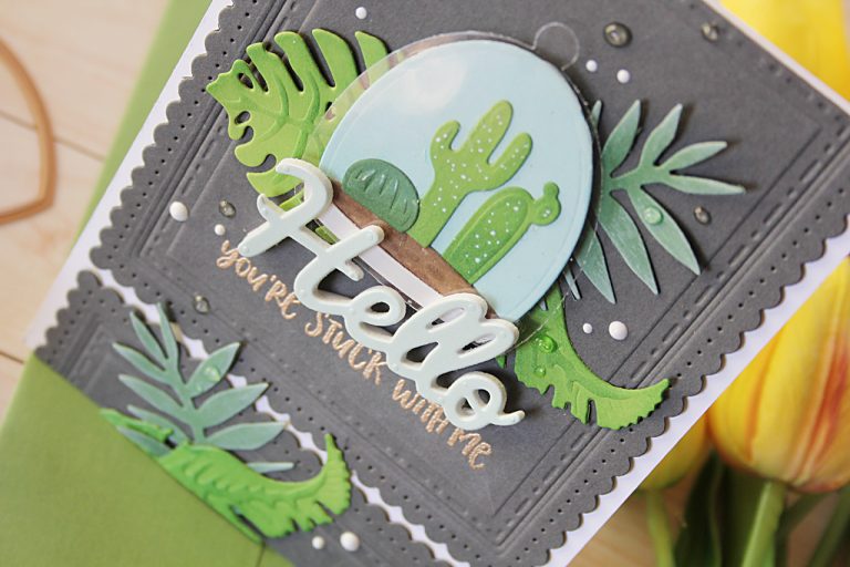Video Friday | Inked Terrarium Hello Card with Nichol for Spellbinders using: S3-315 Build A Terrarium, S4-564 Phrase Set Two, S4-676 Tropics, S4-905 Fancy Edged Rectangles #diecutting #spellbinders #neverstopmaking #handmadecard