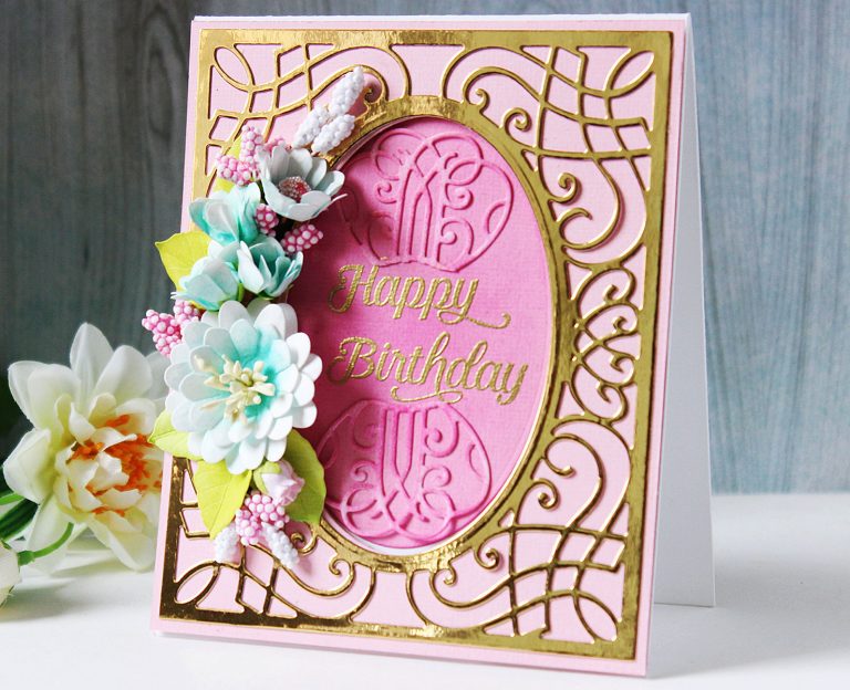Romancing The Swirl Collection by Becca Feeken - Inspiration | Floral Gift Box and Card with Hussena for Spellbinders using: S4-926  Swirl Tags S4-929 Hemstitch Squares S5-363  Swirl Booklet Insert SDS-116 Oh Happy Day #spellbinders #neverstopmaking #cardmaking #diecutting #handmadecard