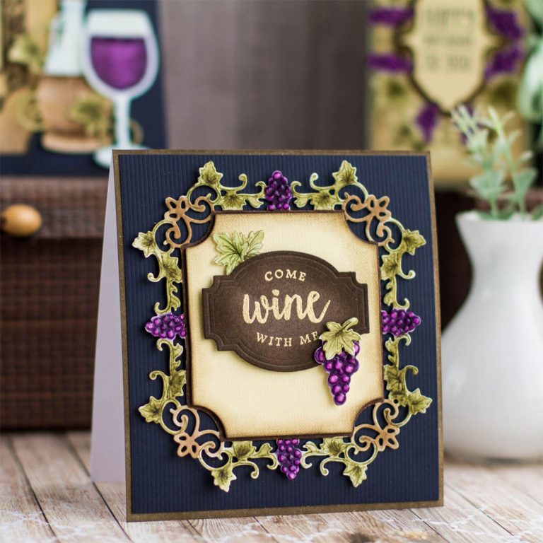 Cardmaking Inspiration | Come Wine With Me by Elena Salo for Spellbinders. S4-879 Labels 59, S4-880 Labels 59 Decorative Accents, S4-878 Frame Charms, SDS-135 Barrel of Sentiments. #diecutting #winecountry #spellbinders #handmadecard #neverstopmaking #winecard