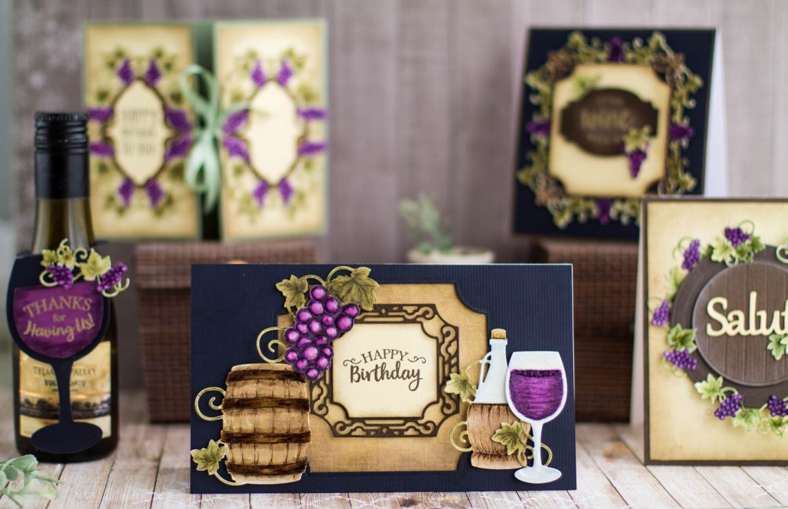 Cardmaking Inspiration | Happy Birthday Card with Elena Salo for Spellbinders. S4-879 Labels 59, S4-880 Labels 59 Decorative Accents, Spellbinders S5-347 Wine Charms, SDS-134 Wine Glass Bottle Tag #spellbinders #winecountry #diecutting #neverstopmaking #handmadecard