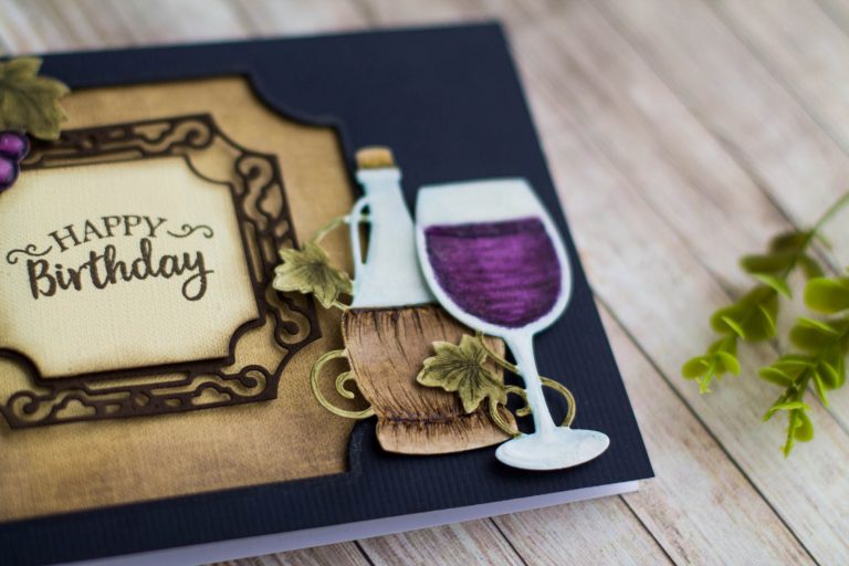 Cardmaking Inspiration | Happy Birthday Card with Elena Salo for Spellbinders. S4-879 Labels 59, S4-880 Labels 59 Decorative Accents, Spellbinders S5-347 Wine Charms, SDS-134 Wine Glass Bottle Tag #spellbinders #winecountry #diecutting #neverstopmaking #handmadecard