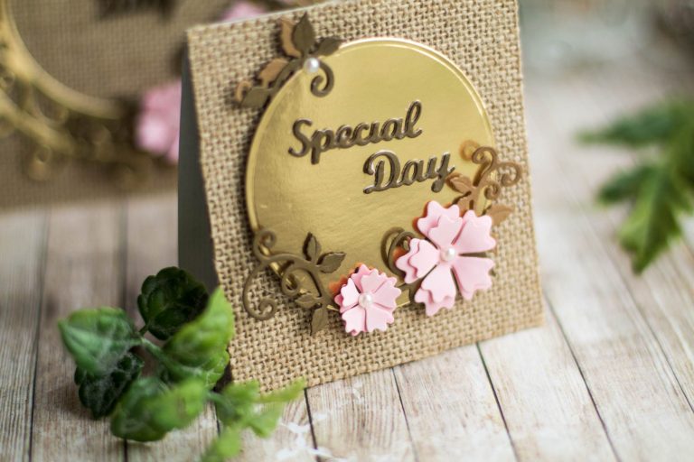 Spellbinders Special Moments Collection by Maria Job - Inspiration | Burlap and Gold Cards with Elena featuring: S5-374 Special Day Frame, S5-376 Miss You Swirl, S5-378 Floral Oval, PLP-003 Platinum Pack 3, PLP-001 Platinum Pack 1 #spellbinders #diecutting #neverstopmaking #handmadecard