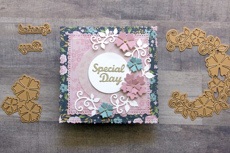 Spellbinders Special Moments Collection by Marisa Job - Inspiration | Vintage-Style Special Occasion Card with Jean featuring S7-215 Vintage Stitched Squares, S5-378 Floral Oval, S5-376 Miss You Swirl, S5-374 Special Day Frame #spellbinders #specialmoments #marisajob #neverstopmaking #diecutting