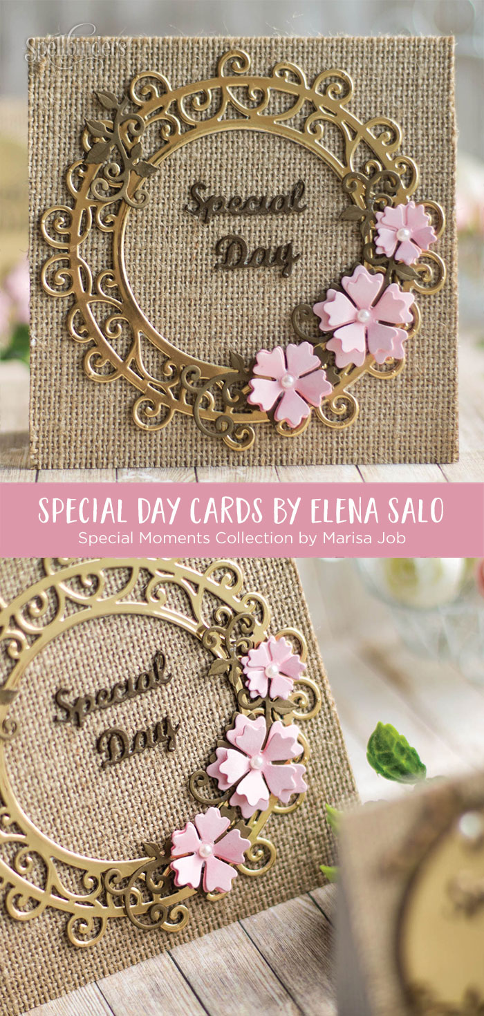 Spellbinders Special Moments Collection by Maria Job - Inspiration | Burlap and Gold Cards with Elena featuring: S5-374 Special Day Frame, S5-376 Miss You Swirl, S5-378 Floral Oval, PLP-003 Platinum Pack 3, PLP-001 Platinum Pack 1 #spellbinders #diecutting #neverstopmaking #handmadecard
