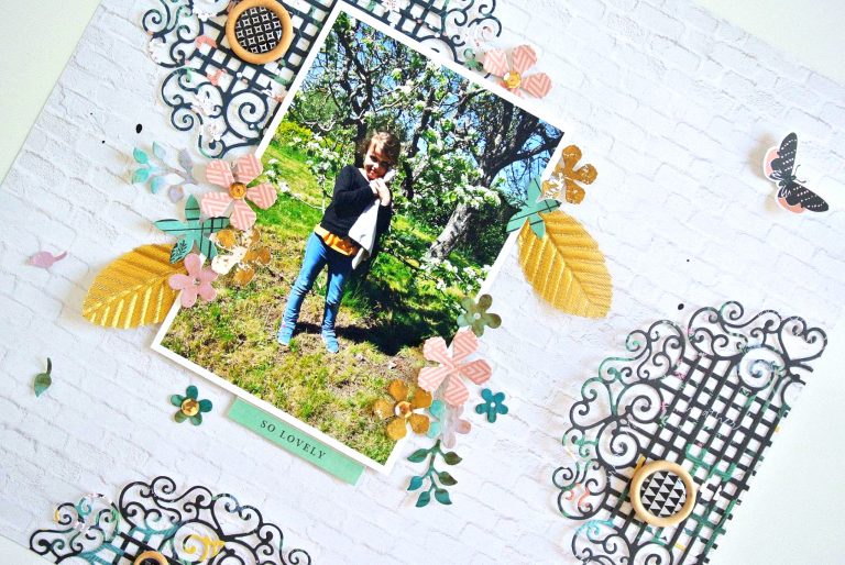 Spellbinders - Blooming Garden Collection by Marisa Job - Inspiration | Feminine Layout with Elodie S3-335 Rose Buds, S4-917 Swirl Lattice Panel, S6-147 Hexagon Petal Box #spellbinders #diecutting #scrapbooking #neverstopmaking