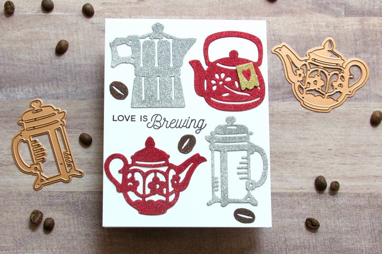 Spellbinders Cuppa Coffee, Cuppa Tea Collection by Sharyn Sowell - Inspiration | Glittery Sweetheart Card with Jean featuring S4-953 Tea Pots, S4-954 Coffee Brewing, S3-346 Cup and Beans, S4-950 Robin and Rosy Mug #spellbinders #neverstopmaking #sharynsowell #diecutting #handmadecard