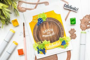 Spellbinders Wine Country Collection Inspiration | Savor the Moment Card with Mona Toth featuring S4-878 Frame Charms, S4-880 Labels 59 Decorative Accents, S4-879 Labels 59, SDS-133 Vineyard Wine Bottle Tag, SDS-135 Barrel of Sentiments #spellbinders #neverstopmaking #diecutting