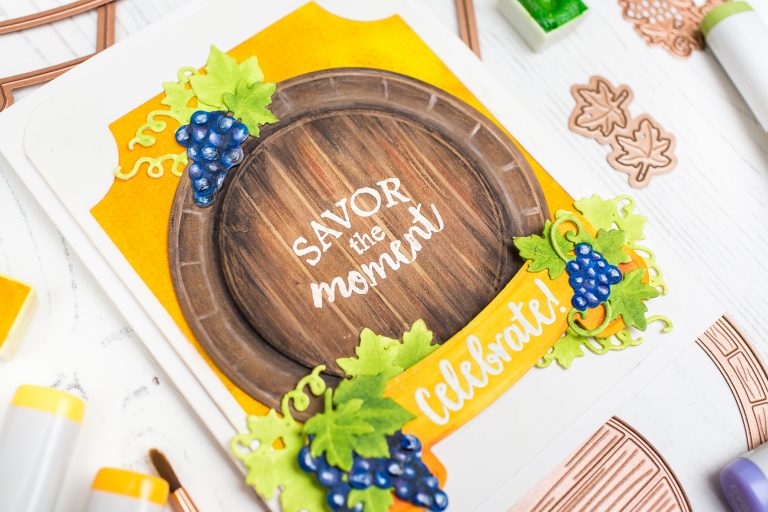 Spellbinders Wine Country Collection Inspiration | Savor the Moment Card with Mona Toth featuring S4-878 Frame Charms, S4-880 Labels 59 Decorative Accents, S4-879 Labels 59, SDS-133 Vineyard Wine Bottle Tag, SDS-135 Barrel of Sentiments #spellbinders #neverstopmaking #diecutting