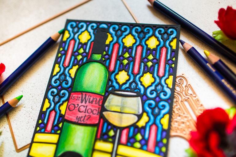 Spellbinders Wine Country Collection Inspiration | Stained Glass Card with Mona Toth featuring S5-346 Time for Wine A2 Card Front, SDS-135 Barrel of Sentiments #spellbinders #diecutting #neverstopmaking