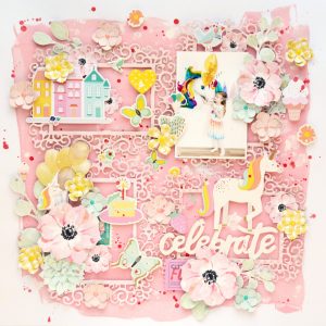 Spellbinders Blooming Garden Collection by Marisa Job - Inspiration | Romantic and Whimsical Layout with Anna featuring S3-335 Rose Buds, S5-358 Swirl Happy Birthday Frame #spellbinders #scrapbooking #neverstopmaking #diecutting #papercrafting