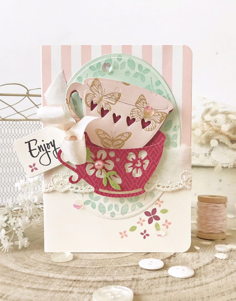 Spellbinders Cuppa Coffee, Cuppa Tea Collection by Sharyn Sowell - Inspiration | Stacked Coffee Cups Card with Melissa Phillips featuring S4-917 Tea Stack o’ Cups, S5-332 Hemstitch Ovals #spellbinders #diecutting #sharynsowell #neverstopmaking #handmadecard