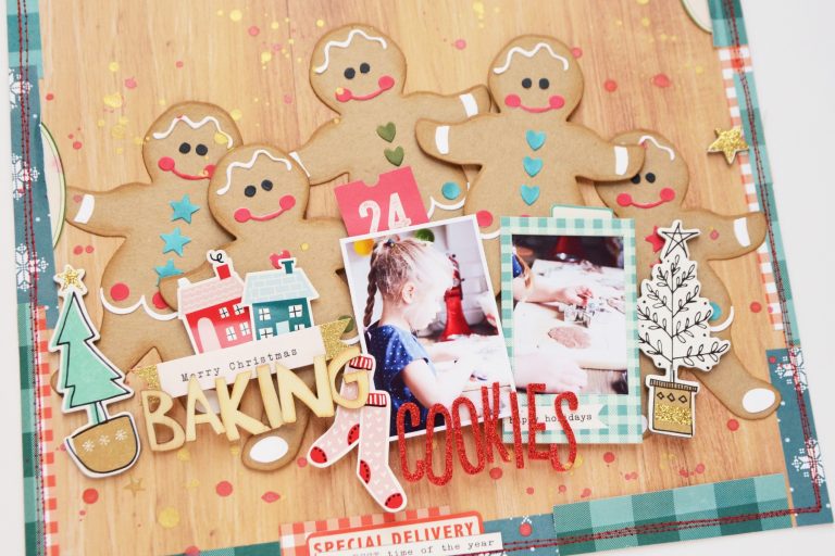 Spellbinders A Sweet Christmas Collection by Saharan Sowell - Inspiration | Baking Cookies Layout with Anna featuring S4-940 Gingerbread Boy Garland Tag #spellbinders #diecutting #neverstopmaking #sharynsowell