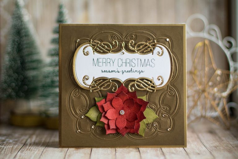 Spellbinders A Charming Christmas Collection by Becca Feeken - Inspiration | Embossed Christmas Card with Elena Salo featuring S4-948 Charming Christmas Boughs, SDS-164 Sentimental Christmas, S4-960 Cinch and Go Poinsettia #spellbinders #neverstopmaking #amazingpapergrace