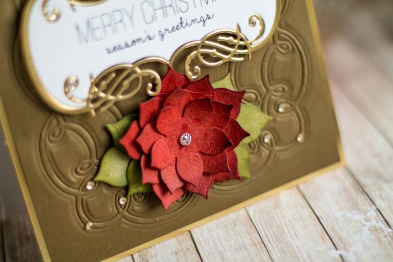 Spellbinders A Charming Christmas Collection by Becca Feeken - Inspiration | Embossed Christmas Card with Elena Salo featuring S4-948 Charming Christmas Boughs, SDS-164 Sentimental Christmas, S4-960 Cinch and Go Poinsettia #spellbinders #neverstopmaking #amazingpapergrace