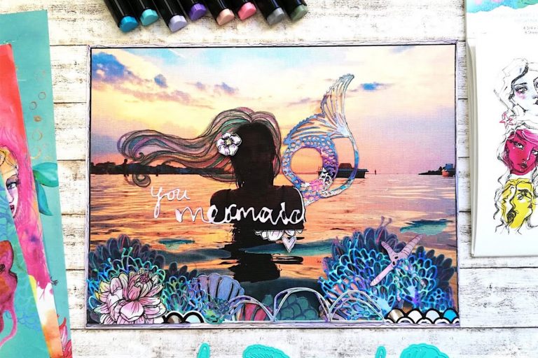 Jane Davenport Artomology | Mermaid Mixed Media Layout with Angela Tombari featuring JD-014 Washi Mermaids Washi Sheets, JDD-003 Sea Flower, JDD-005 You are Unique, JDD-006 Happy Little Unicorn, JDD-031 MerTail, JDD-033 Mermaid for Each Other, JDD-026 Fair Feathers, JD-015 Colorist Stickers, JD-031 Deep Sea Die Cutting and Embossing Machine #janedavenport #janedavenportartomology #Artomology #spellbinders #neverstopmaking #smoothmarkers #makeitwithmichaels #washisheets