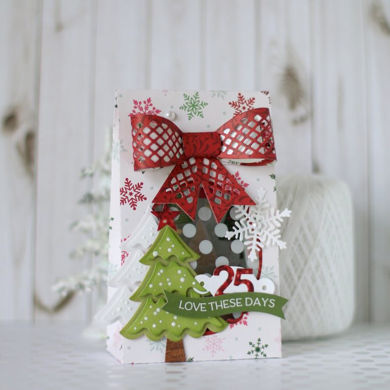 Spellbinders Die D-Lites Holiday Inspiration | Treat Bag with Anya Lunchenko featuring S3-361 Christmas Tree, S6-048 Tiered Multiloop Bows, S3-302 Snowflakes, S4-943 Happy Birthday w/Numbers #spellbinders #christmastreatbox #diecutting #neverstopmaking