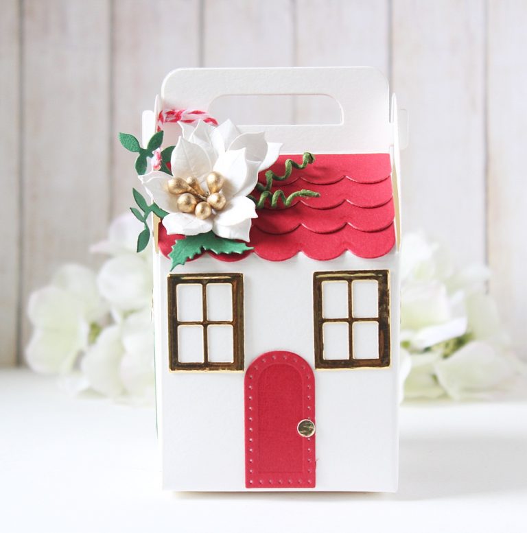 Spellbinders A Charming Christmas Collection by Becca Feeken - Inspiration | Cottage Houses with Hussena featuring S4-960 Cinch and Go Poinsettia, S5-384 Charming Tag Pocket, S6-163 Cottage Box, SDS-164 Sentimental Christmas #spellbinders #neverstopmaking #diecutting