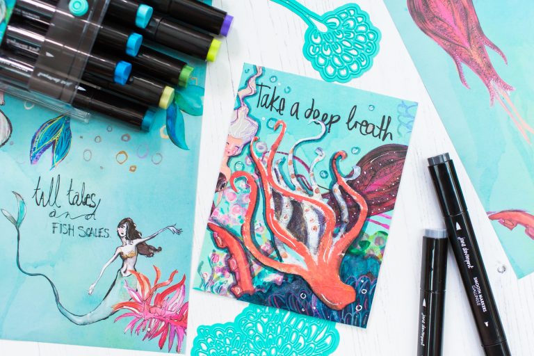 Jane Davenport Artomology | Take a Deep Breath Mixed Media Card with Mona Toth featuring JD-014 Mermaid Washi Sheets and JD-025 Smooth Markers - Mermesmerizing #janedavenport #janedavenportartomology #Artomology #spellbinders #neverstopmaking #smoothmarkers #makeitwithmichaels #washisheets
