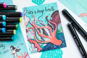 Jane Davenport Artomology | Take a Deep Breath Mixed Media Card with Mona Toth featuring JD-014 Mermaid Washi Sheets and JD-025 Smooth Markers - Mermesmerizing #janedavenport #janedavenportartomology #Artomology #spellbinders #neverstopmaking #smoothmarkers #makeitwithmichaels #washisheets