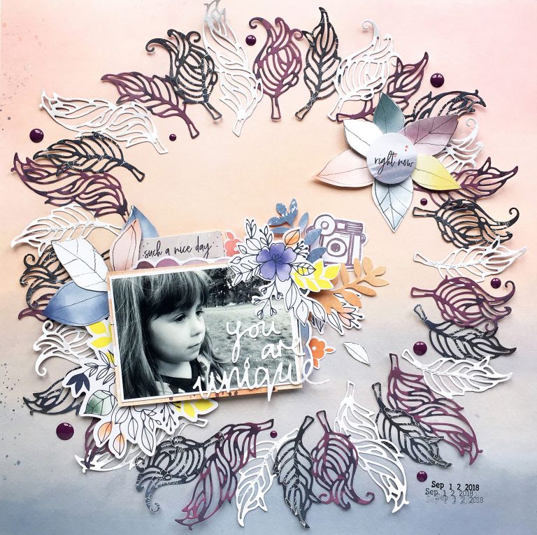 Spellbinders Jane Davenport Artomology | You Are Unique Mixed Media Layout with Enza Gudor featuring JD-031 Deep Sea Die Cutting and Embossing Machine, JDD-026 Fair Feathers, JDD-005 You are Unique  #janedavenport #janedavenportartomology #Artomology #spellbinders #neverstopmaking #makeitwithmichaels 