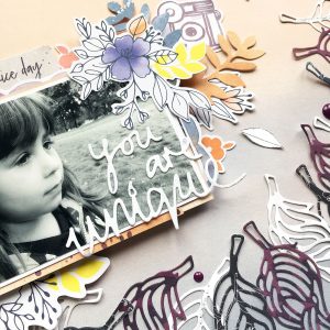 Spellbinders Jane Davenport Artomology | You Are Unique Mixed Media Layout with Enza Gudor featuring JD-031 Deep Sea Die Cutting and Embossing Machine, JDD-026 Fair Feathers, JDD-005 You are Unique #janedavenport #janedavenportartomology #Artomology #spellbinders #neverstopmaking #makeitwithmichaels