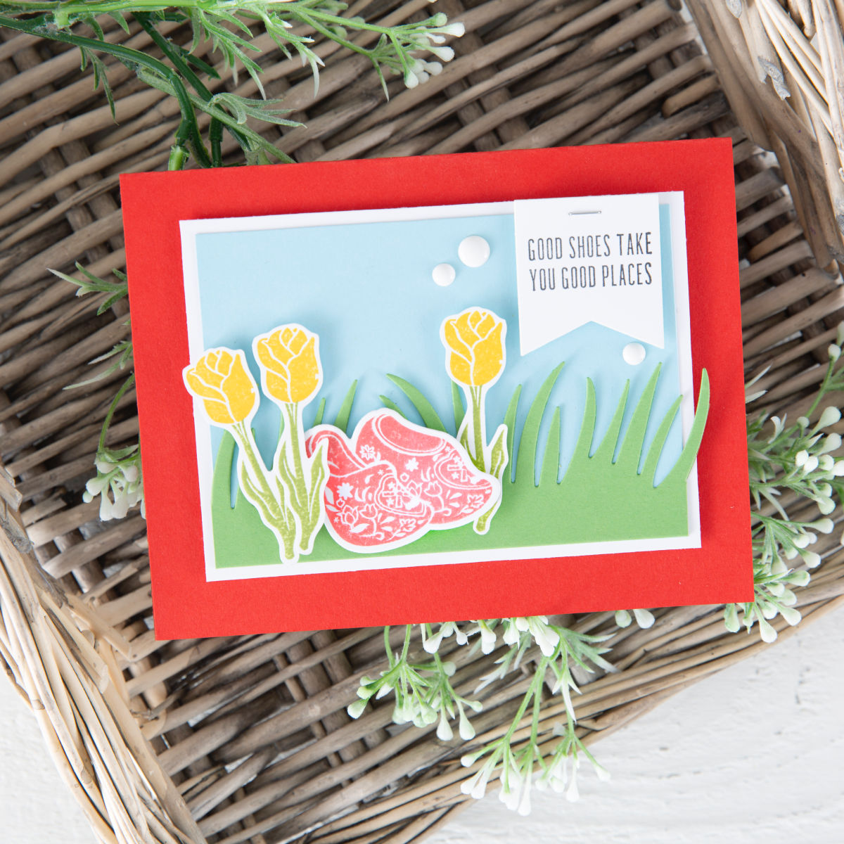 Good Shoes Take You Good Places handmade card with Fun Stampers Journey March 2019 Stamp of the Month, called Good Places. The wooden clogs and tulips are darling nested in die cut grass. #funstampersjourney #diecutting