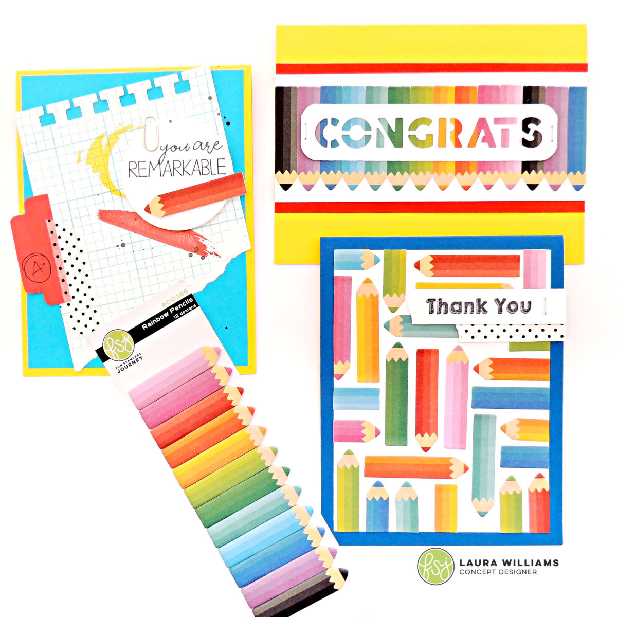 Three handmade cards featuring planner accessories, like Fun Stampers Journey Rainbow Pencils Sticky Notes. Paper clips, washi tape, and staples are all items perfect for planners and to-do lists, but they look fantastic on handmade cards too! #funstampersjourney #planner #cardmaking #stamping 