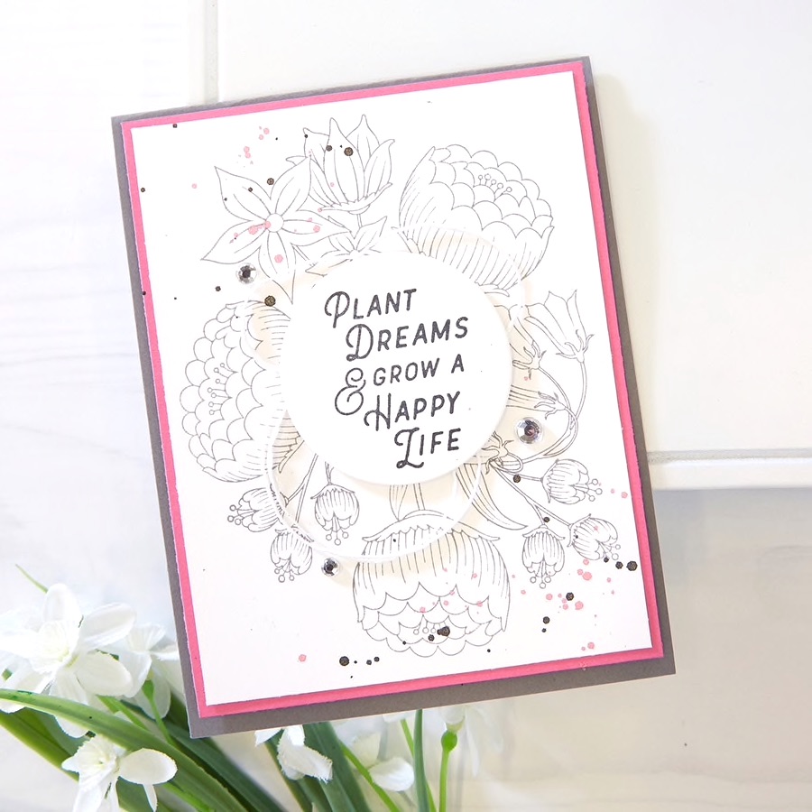 handmade rubber stamped card with floral stamps from the Fun Stampers Journey Fresh Start stamp set, the April 2019 Stamp of the Month #papercrafting #cardmaking